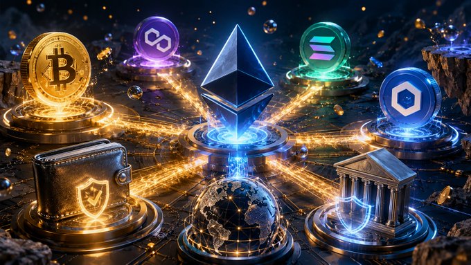 A futuristic digital composition featuring various cryptocurrency symbols (Bitcoin, Ethereum, Polygon, Chainlink) glowing on pedestals, surrounded by elements like a wallet, a globe, a bank building, and security shields connected by energy lines.