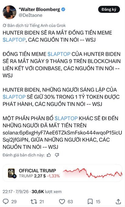 A tweet by Walter Bloomberg (@DeItaone) translated to Vietnamese, reporting that Hunter Biden will launch a $LAPTOP meme token on September 9 via a Coinbase-linked blockchain, with founders keeping 30% of supply and another portion going to scam victims.