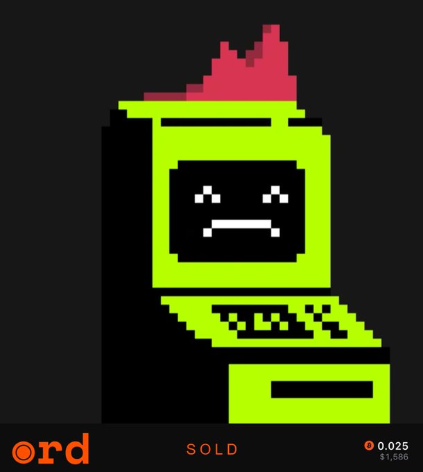 A pixel art graphic of a green computer monitor character with flames on top, featuring the word 'ord' and 'SOLD' with a price of '$1,586' and '0.025' displayed at the bottom.