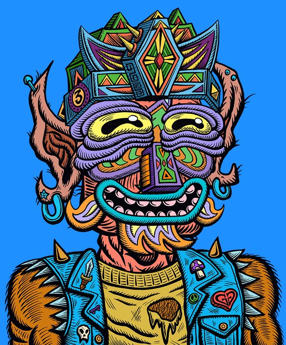 A colorful cartoon illustration of a tiki-style character with a geometric crown, a wide toothy grin, and a spiky blue jacket adorned with patches.