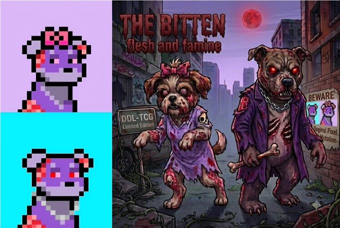 Pixel art zombie dogs on a purple background alongside a detailed poster titled 'THE BITTEN flesh and famine' featuring two menacing undead dogs under a blood moon, with text reading 'DDL-TCG Limited Edition' and 'Original Pixel Mutation'.