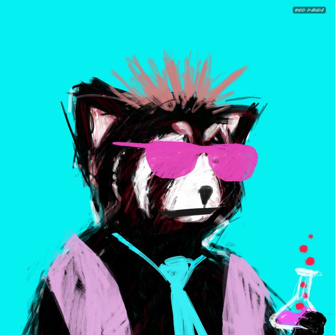 A stylized digital painting of a bear-like character wearing pink sunglasses and a suit, holding a flask containing pink liquid against a turquoise background, labeled 'RED PANDA'.
