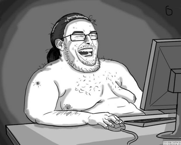 A black-and-white digital sketch by Alex Mitas depicts a smiling, bearded, shirtless man with glasses using a computer mouse at a desktop monitor.