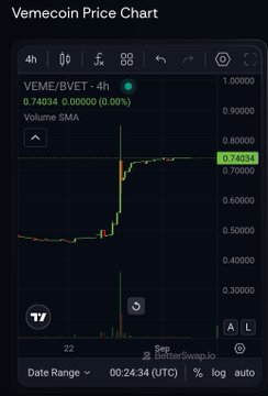 A TradingView price chart for the cryptocurrency pair VEME/BVET, showing the price at 0.74034 with a 0.00% change over a 4-hour timeframe.
