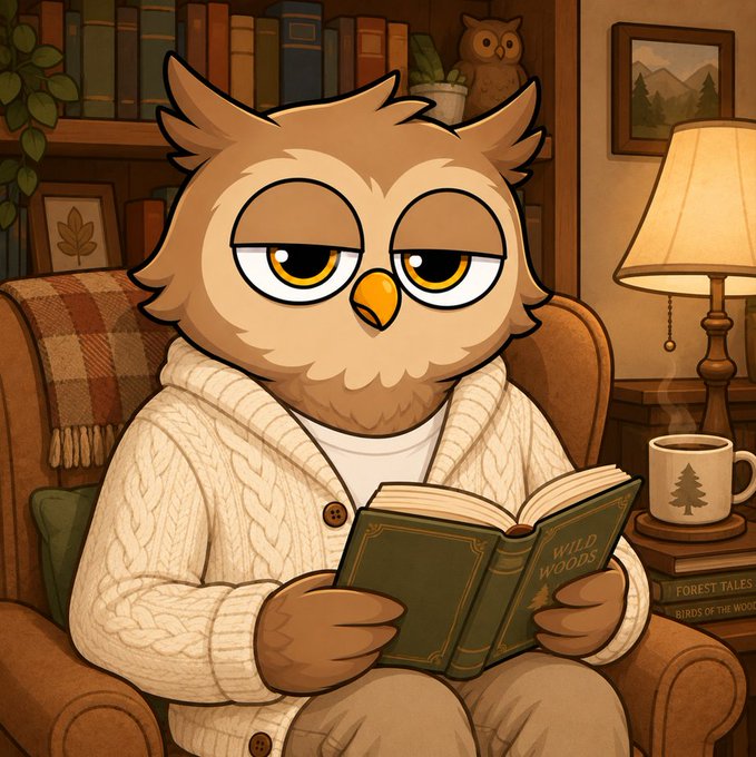 A cozy cartoon illustration of an owl wearing a cream knit cardigan, sitting in an armchair reading a book titled 'WILD WOODS,' with a steaming mug and bookshelf in the background.