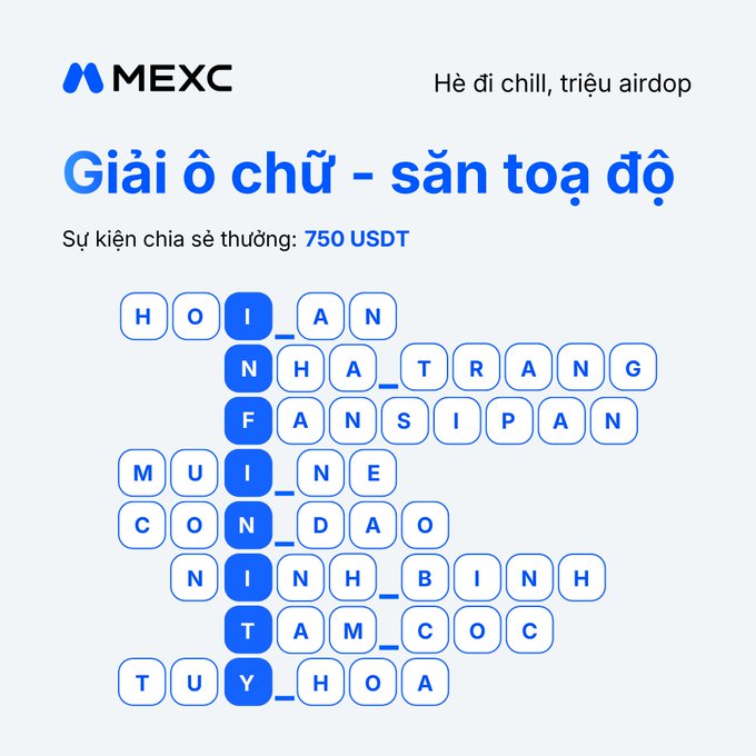 A MEXC crossword puzzle in Vietnamese titled 'Giải ô chữ - săn tọa độ' with a 750 USDT prize pool, featuring highlighted vertical letters spelling INFINITY and horizontal crypto-related terms like HOIAN, NHATRANG, FANSIPAN, MUINE, CONDAO, NINHBINH, TAMCOC, and TUYHOA.