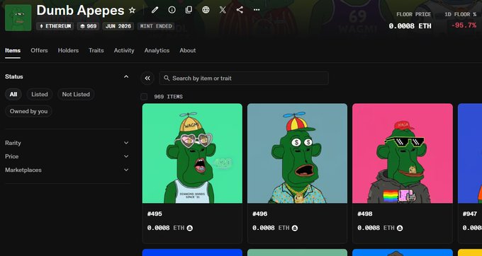 Webpage for the 'Dumb Apes' NFT collection on Ethereum, showing a mint ended status, floor price of 0.0008 ETH, and 969 items displayed with various ape characters.