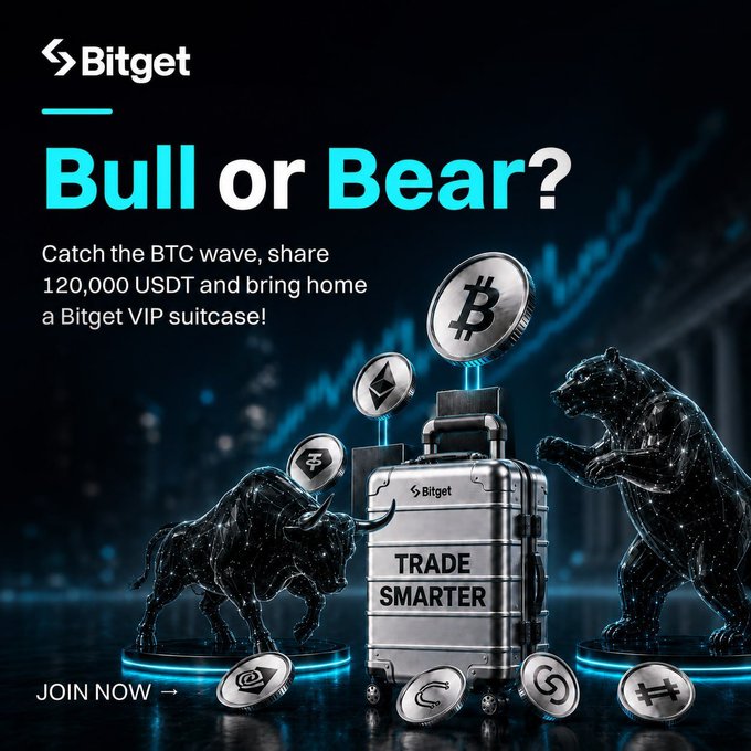 A promotional advertisement for Bitget featuring a bull and bear statue flanking a suitcase with text reading "Bull or Bear? Catch the BTC wave, share 120,000 USDT and bring home a Bitget VIP suitcase!" and "JOIN NOW".