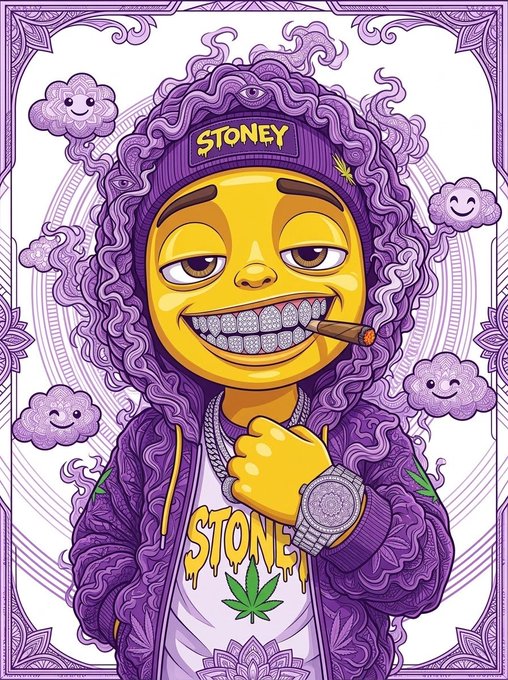 A colorful cartoon-style illustration of a character with purple curly hair wearing a 'STONEY' beanie and shirt, smoking a joint, with smiling clouds in the background.
