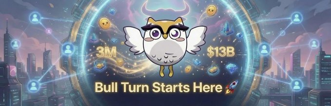 A cartoon owl mascot with angel wings stands between "3M" and "$13B" stats above the tagline "Bull Turn Starts Here 🚀," illustrating Owlto's hype around the upcoming Robinhood Chain L2 mainnet launch as the catalyst for the next bull market.