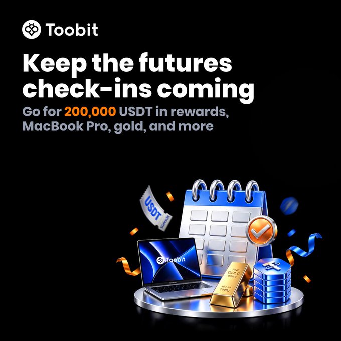 A Toobit promotional advertisement offering '200,000 USDT in rewards, MacBook Pro, gold, and more' for futures check-ins, featuring images of a laptop, gold bar, and coins.