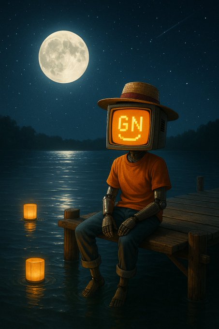 A robot with a TV monitor head displaying a smiley face and the text "GN" sits peacefully on a wooden dock at night, wearing a straw hat and orange shirt, with a glowing full moon and floating lanterns reflecting on the calm lake—visually echoing the "Good night" sentiment of the post.