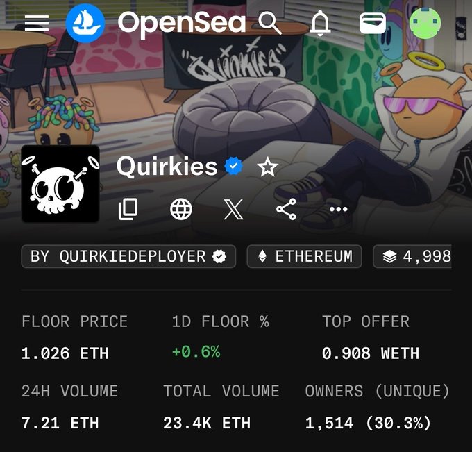 In the image, there are various objects placed next to each other against a backdrop of a table with chairs. The focus of the image seems to be a close-up view of one object or person, while the background features another element - a website called "OpenSea" which could potentially be related to a Quirkies account. As for the content within the image, it appears to showcase different items like a teddy bear, a chair and a couch, possibly depicting a room layout or an art project. The overall scene seems somewhat random with these objects scattered around, but they are connected to the main subject - @quirkiesnft - which is a cryptocurrency holder who has gained some attention for their unique approach to cryptocurrency and community engagement.