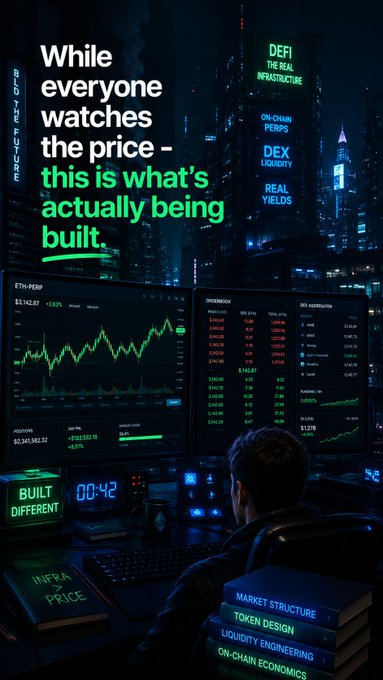 The image shows a person sitting in front of a computer monitor, closely watching the screen as if it's an interesting program or a piece of software. There are multiple screens displaying various stock markets, indicating that the person might be interested in the fluctuations of cryptocurrency prices. The poster also includes text that says "While everyone watches the price - this is what's actually being built." This could possibly reference someone discussing or analyzing the crypto market trends on the computer screen.
