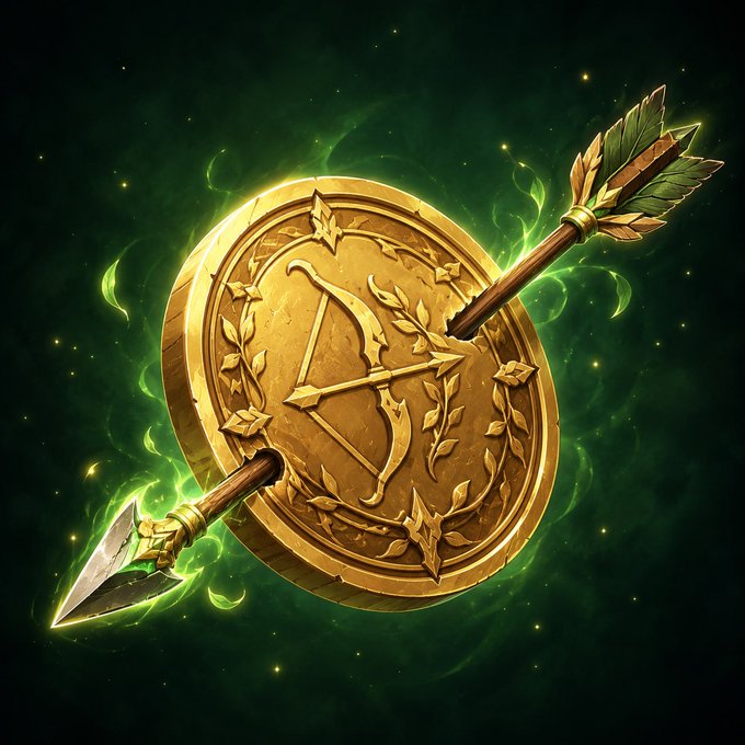A glowing golden medallion adorned with laurel wreaths and a bow and arrow pierces its center, set against an emerald mist of magical sparks—symbolizing precision, victory, and a fresh launch. The image visually reinforces the "Robinzi relaunch" announcement, with the target-like coin and arrow evoking the new $COIN token's aim and renewed aim.