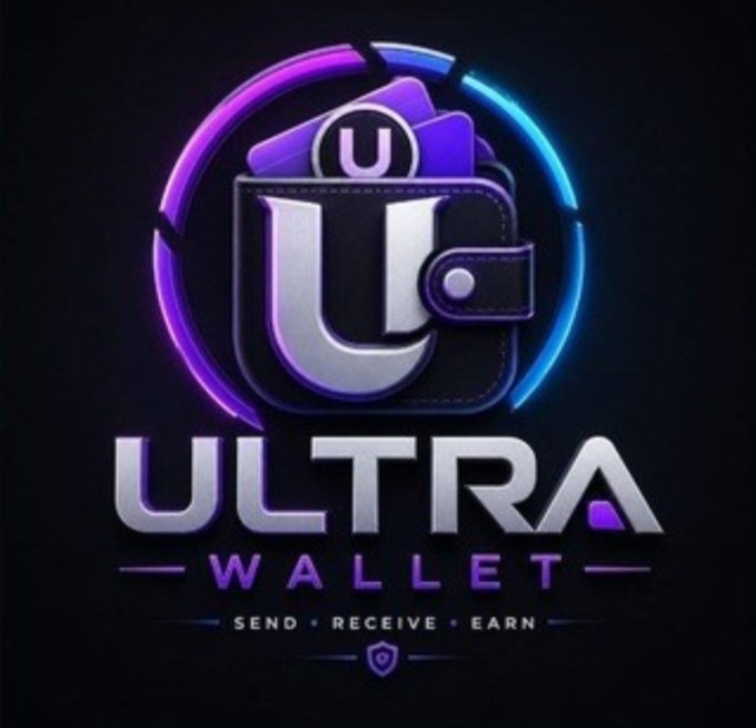 A 3D logo for 'ULTRA WALLET' with the tagline 'SEND • RECEIVE • EARN', featuring a stylized wallet icon in purple and blue neon colors.