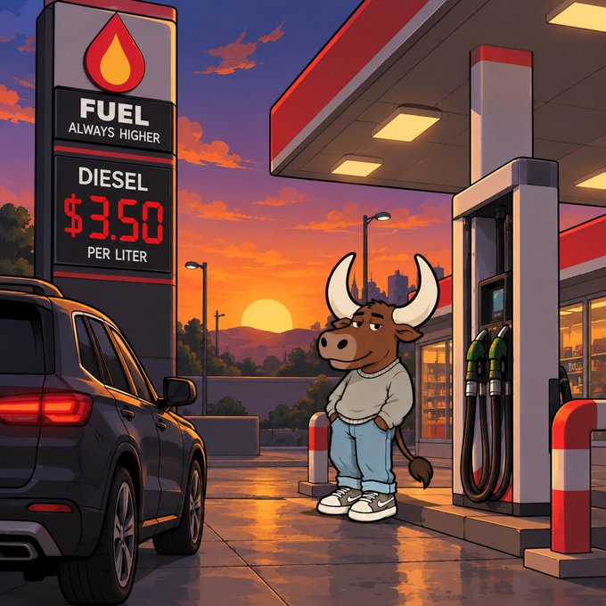 A cartoon-style illustration shows an anthropomorphic bull wearing a sweatshirt and jeans standing at a gas station next to a fuel pump, with a sign reading 'FUEL ALWAYS HIGHER' and 'DIESEL $3.50 PER LITER' against a sunset sky.