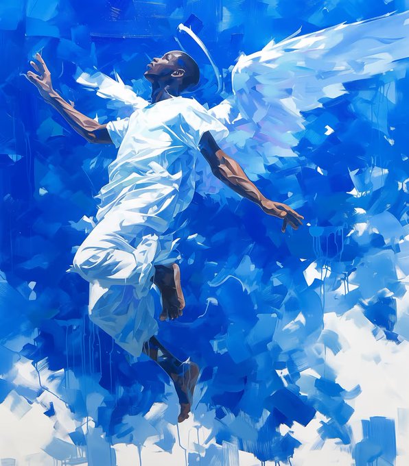 A figure in flowing white robes soars upward with arms outstretched and face lifted skyward, emerging from a dynamic swirl of cobalt and azure blue brushstrokes with paint drips cascading downward—visually embodying the "transformation" theme of itan's 3-year anniversary exhibition. The upward motion and release of energy captured in the abstract blue composition reflects the spirit of renewal and artistic rebirth being celebrated through the call for submissions.