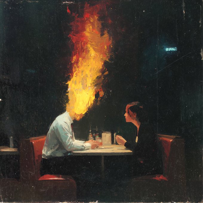 Two figures sit across from each other at a dimly lit diner table, but the man on the left has a head of blazing flames, while the woman watches him with concern, embodying the emotional weight of the question "are you sure you're okay?"