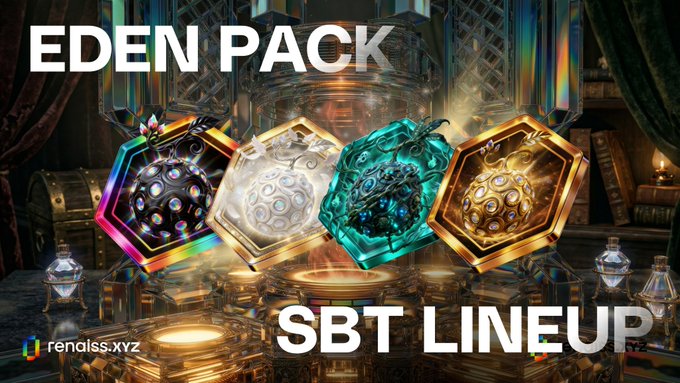 The image features a poster for an Eden Pack, which includes four different types of virtual items or artifacts displayed in a row. The artifacts are described as being either "Bloom", "Thorn", "Crown" or "Gold". The poster also contains text that reads "Eden Pack", "SBT Lineup", and "renaissxz OPTCG".