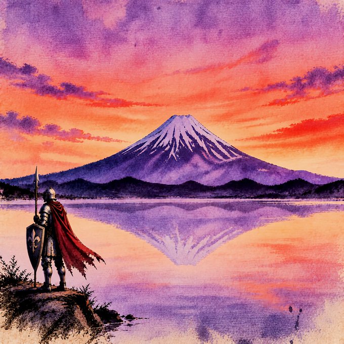 A watercolor painting depicts a knight with a spear and shield, bearing a fleur-de-lis, standing on a rocky shore at sunset, looking out over a calm lake reflecting the snow-capped Mount Fuji.