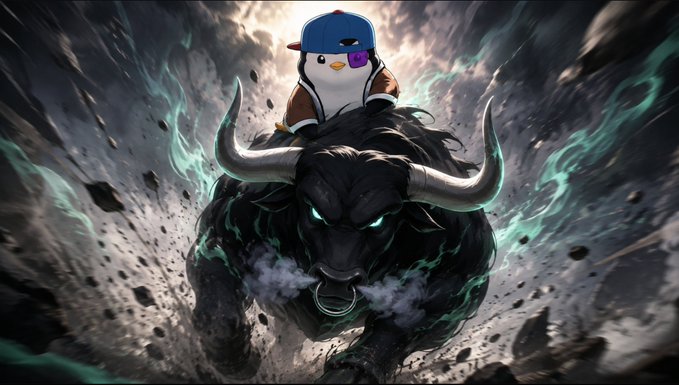 A dramatic AI-generated digital artwork of a fierce black bull with glowing teal/cyan energy auras and smoke, with a small cartoon penguin wearing a backwards blue cap riding on its back.