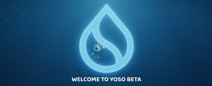 The image features a blue neon drop logo with a white eye inside, accompanied by text that reads "Welcome To Yoso Beta". The background of the image is dark blue, which contrasts with the bright colors of the drop logo. The text on the image also mentions beta launch in June and SUI as the beta platform for beta launch.