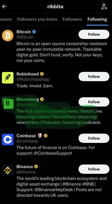 The image shows the "Following" list on Ribbit's Twitter profile, featuring accounts such as Bitcoin, Robinhood, Bloomberg, Coinbase, and Binance, each with a "Follow" button. This relates to the post by highlighting the connection between Bloomberg, Robinhood, and Ribbit Capital, as Bloomberg was the first to report on Ribbit Capital's emergency funding for Robinhood.