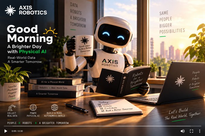 A promotional video frame for 'AXIS ROBOTICS' titled 'Good Morning: A Brighter Day with Physical AI,' showing a white robot holding a branded mug amid books and a laptop.