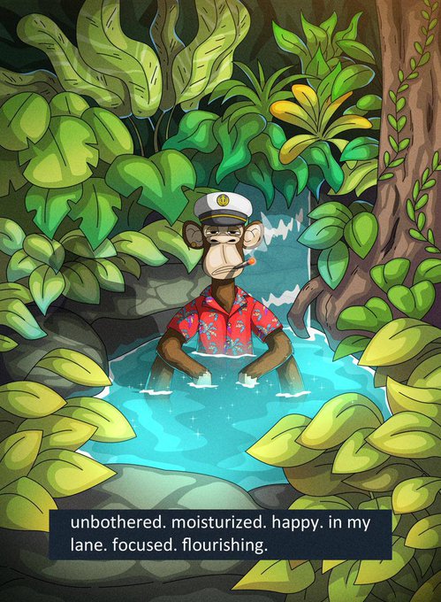 An illustrated cartoon of a monkey in a sailor hat and Hawaiian shirt relaxing in a jungle hot spring, captioned 'unbothered. moisturized. happy. in my lane. focused. flourishing.'