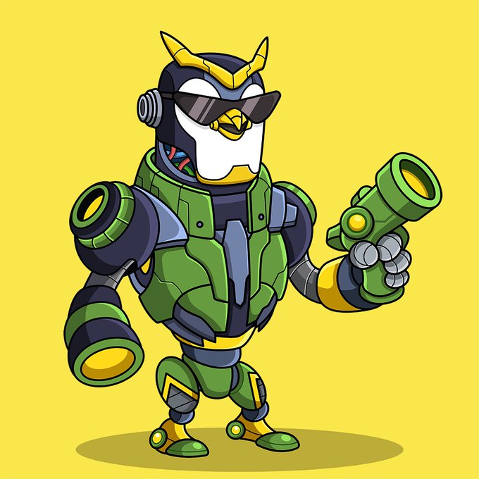 A cartoon illustration of a penguin character dressed in green and grey robotic armor, wearing sunglasses, and holding a green futuristic weapon against a yellow background.