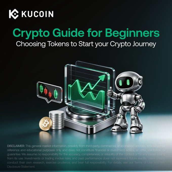A KuCoin-branded promotional graphic titled "Crypto Guide for Beginners: Choosing Tokens to Start your Crypto Journey" features a silver robot giving a thumbs-up next to glowing green holographic stock charts, a rising arrow, candlestick graph, and a Bitcoin coin with stacked tokens. The image visually reinforces the post's beginner-friendly theme of evaluating token utility and building a crypto portfolio on KuCoin. A disclaimer at the bottom notes the content is for reference and educational purposes only.