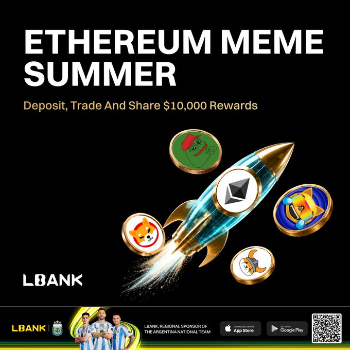 The image is a promotional graphic for LBank's "Ethereum Meme Summer" campaign, featuring a rocket illustration surrounded by Ethereum-based meme coin tokens (including Shiba Inu, Pepe, and Floki-style icons), with text highlighting a $10,000 reward pool for depositing, trading, and sharing. The graphic reinforces the post's message about meme tokens launching on Ethereum via LBank, tying in the exchange's sponsorship of the Argentine National Team shown at the bottom.