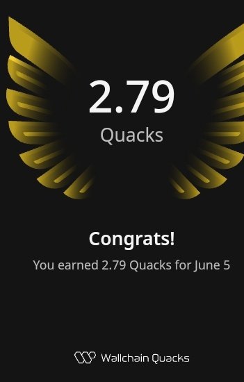 The image features a poster with an illustration of a bird's wing, which has the number "2.79 Quacks" written below it. The poster also contains text that congratulates the user for earning 2.79 Quacks on Wallchain Quacks.