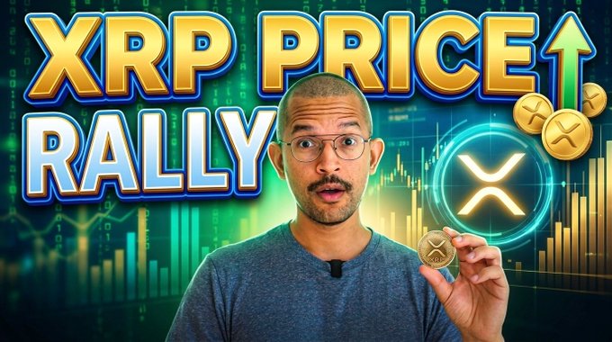 A man with glasses holds up an XRP coin in front of a green digital background featuring charts and the XRP logo, with bold text reading "XRP PRICE RALLY" and an upward arrow, visually promoting the video's claim about surging retail interest in Ripple's cryptocurrency.