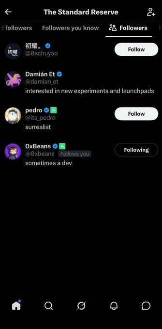 A screenshot of The Standard Reserve’s “Followers” list, featuring @0xchuyao, @damian_et, @its_pedro, and @0xbeans, with Follow/Following buttons. It supports the post encouraging users to follow @standard_rsv ahead of “v4 hook summer.”