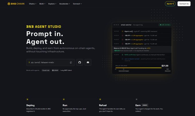 The image is a promotional screenshot of BNB Chain's "BNB Agent Studio," featuring the tagline "Prompt in. Agent out." and a command-line snippet (`pip install bnbagent-studio`) alongside a demo interface showing live agent logs and a wallet balance of $21.98.

It illustrates the post's claim about BNB Chain launching an automated, always-on agent system that lets users build, deploy, and run on-chain AI agents simply by entering a prompt (e.g., via Cursor or Claude), with the demo interface visually reinforcing the "one-line setup, ready-to-run" experience described.