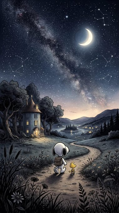 Snoopy and Woodstock walk along a moonlit path toward a cozy cottage under a starry sky with the Milky Way stretching overhead. The serene nighttime scene mirrors the post's peaceful, hopeful tone—ending the day with gratitude and restful sleep before building again.