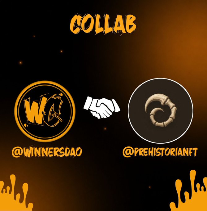 The image features a poster for a social media post that announces a collaboration between two companies or individuals. The poster has an orange background with white text, including the words "collab" and "prehistoryNFT". There are also two logos on the poster - one in yellow and another in black. The main focus of the image is a handshake symbol, which represents the collaboration between the two parties.