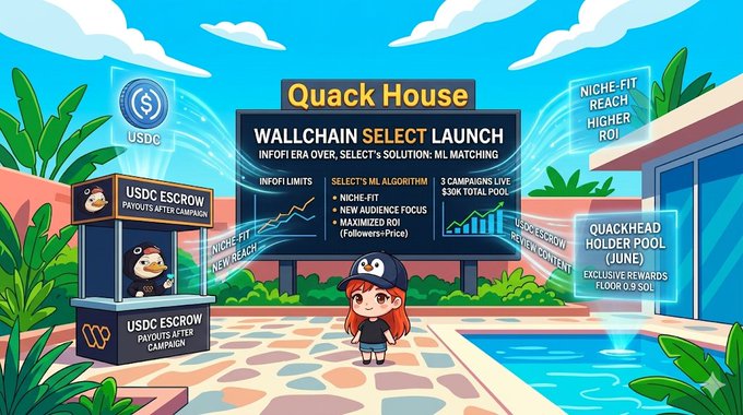 The image shows a cartoon girl standing next to a sign that says "Quack House" with a logo for Wallchain Select. The girl appears to be wearing a hat and has a backpack on her back. There are also two other people visible in the scene, one of whom is holding a microphone. The background features a pool area surrounded by palm trees, indicating that this Quack House space is located near a beach or tropical location.