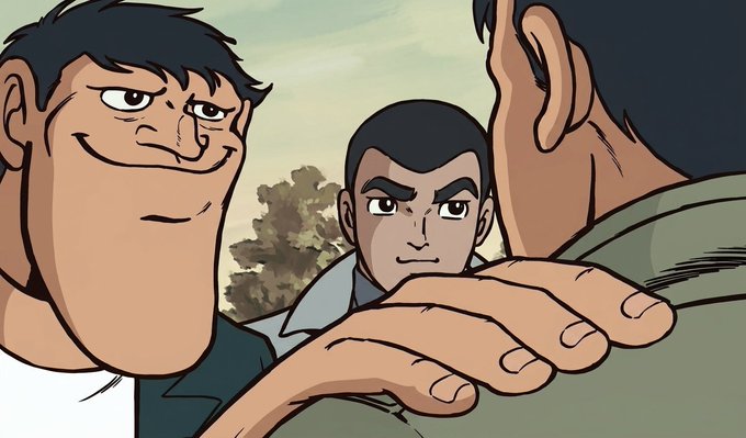 An illustration of three cartoonish men in a confrontational pose, with the central figure crossing his arms while a smirking man looks at him and a larger man is seen from behind.