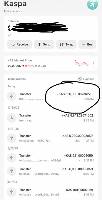 A Kaspa cryptocurrency wallet interface showing a balance (redacted), KAS market price at $0.03095, and transactions including transfers of 650,000.00736228 KAS and 5,943.28674602 KAS.