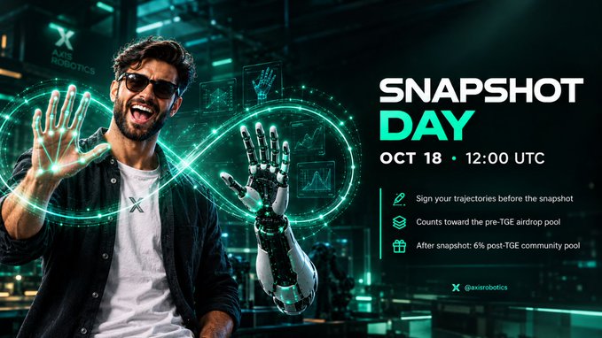 Promotional graphic for "SNAPSHOT DAY OCT 18 · 12:00 UTC" by Axis Robotics (@axisrobotics), showing a smiling man with a robotic hand and green glowing infinity symbol.