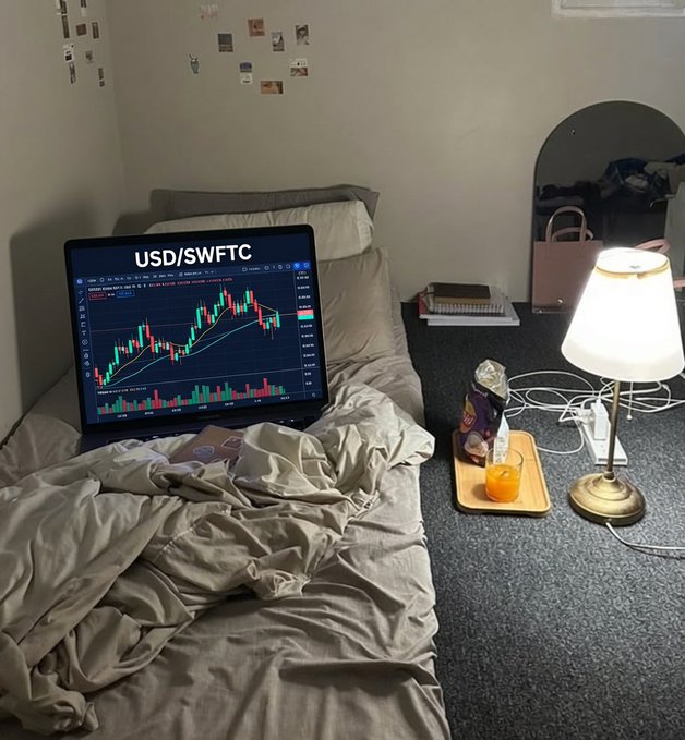 A bedroom scene with a laptop on an unmade bed displaying a cryptocurrency trading chart labeled 'USD/SWFTC,' accompanied by a bedside lamp, snacks, and a glass of orange juice.