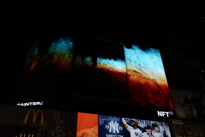 A nighttime photograph of Times Square in New York City showing large digital billboards displaying abstract artwork, with visible advertisements including McDonald's golden arches logo, "SAINTSR.J", a Yankees promotion showing "20 25 YANKEES.COM" with baseball players, and "NFT" branding.