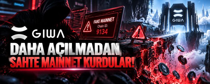 The image is a warning-style graphic featuring the GIWA logo alongside a red caution alert reading "FAKE MAINNET - Chain ID: 9134" displayed on a laptop screen, with hooded scammer figures and falling coins in the background. This visually supports the post's warning that scammers created a counterfeit GIWA mainnet using chain ID 9134 before the official launch.