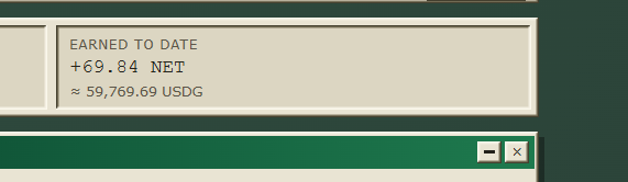 The image shows a financial dashboard panel displaying "EARNED TO DATE" with a value of "+69.84 NET" and an equivalent of "≈ 59,769.69 USDG." The empty post parentheses "(,)" paired with this screenshot suggests it was meant to highlight or share one's earnings figures without any additional commentary.