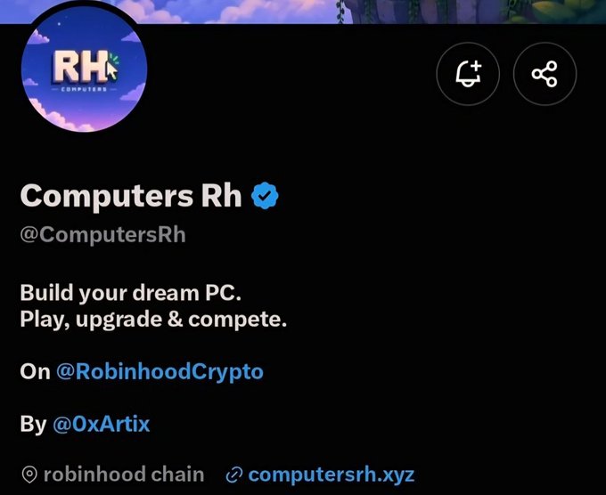 A social media profile for 'Computers Rh' (@ComputersRh) on Robinhood Chain, featuring a verified badge and a description reading 'Build your dream PC. Play, upgrade & compete.' with the website computersrh.xyz.