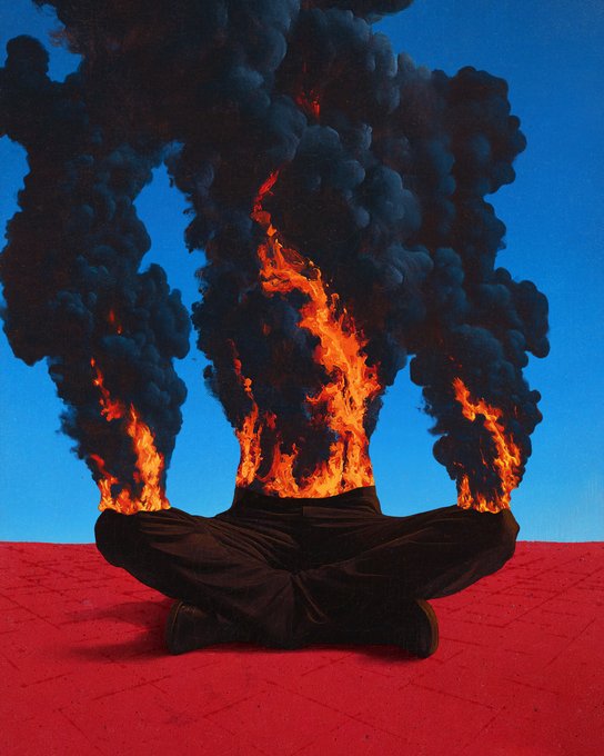 A surrealist painting depicts a figure seated cross-legged on a red tiled floor against a blue sky, with massive plumes of black smoke and bright orange flames erupting from where the upper body should be.