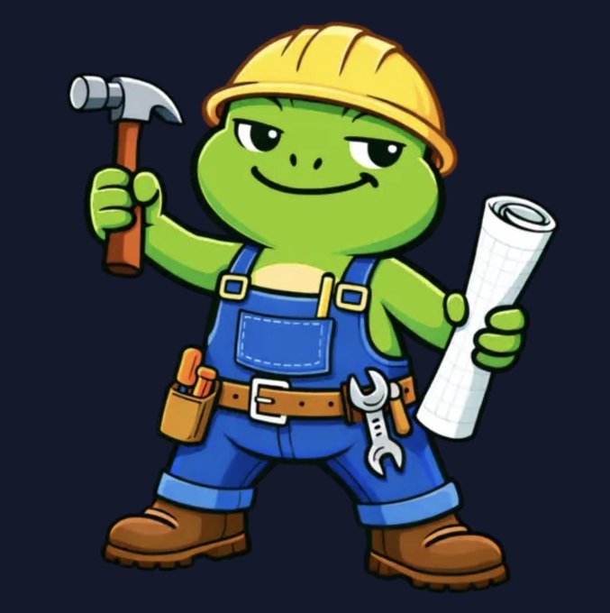 A cartoon Pepe the Frog mascot dressed as a construction worker, wearing a yellow hard hat and blue overalls, holding a hammer in one hand and rolled blueprints in the other.